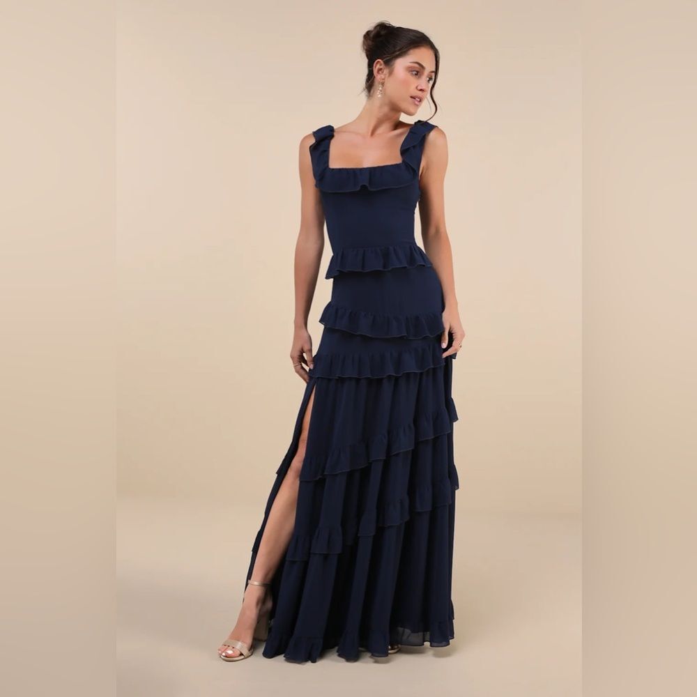 Lulus Compelling Romantic Dark Blue Ruffled Tiered Maxi Dress